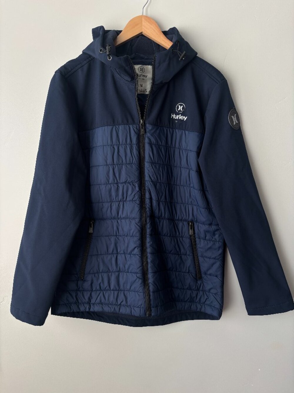 Hurley Sonora Mens M Hybrid Puffer Jacket Obsidian Navy Softshell Hooded Coat